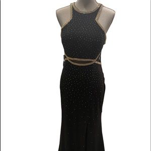 Evening Gown Deep Black long dress with Rhinestones trimming. Size 10 in EUC